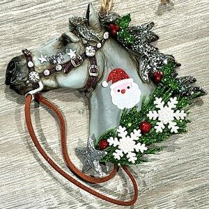Holiday Horses: “North Pole Magic” design. Decorated horse Christmas ornament